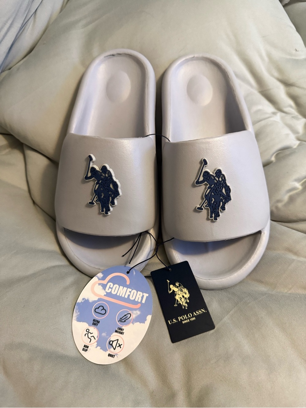 U.S. Polo Assn. Grey Slide Sandals with Navy Polo Emblem